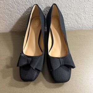 Cato Comfort Black Textured Bow Square Toe Block Heel Pumps Womens 10